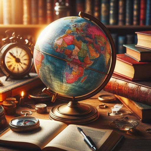 Globe on a table with compasses and an open book